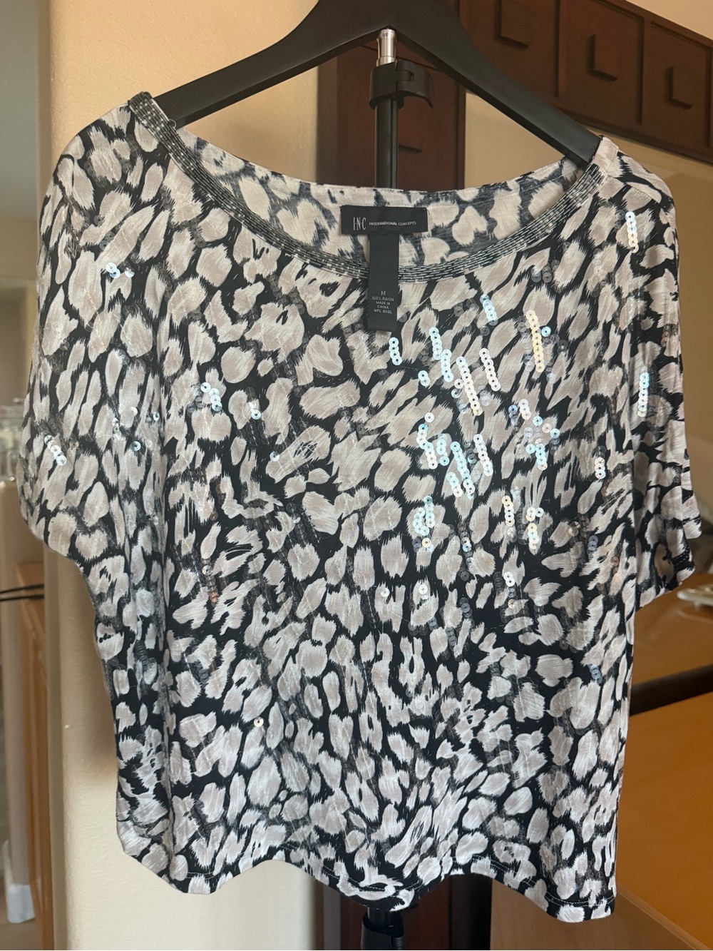 INC International Concepts Black & White Sequin Animal-Print Short Sleeve Tee